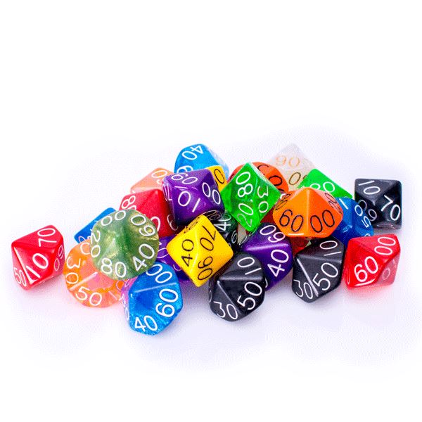 25 Count Assorted Pack of 10 Sided Percentile Dice - Multi Colored Assortment of D100 Polyhedral Dice