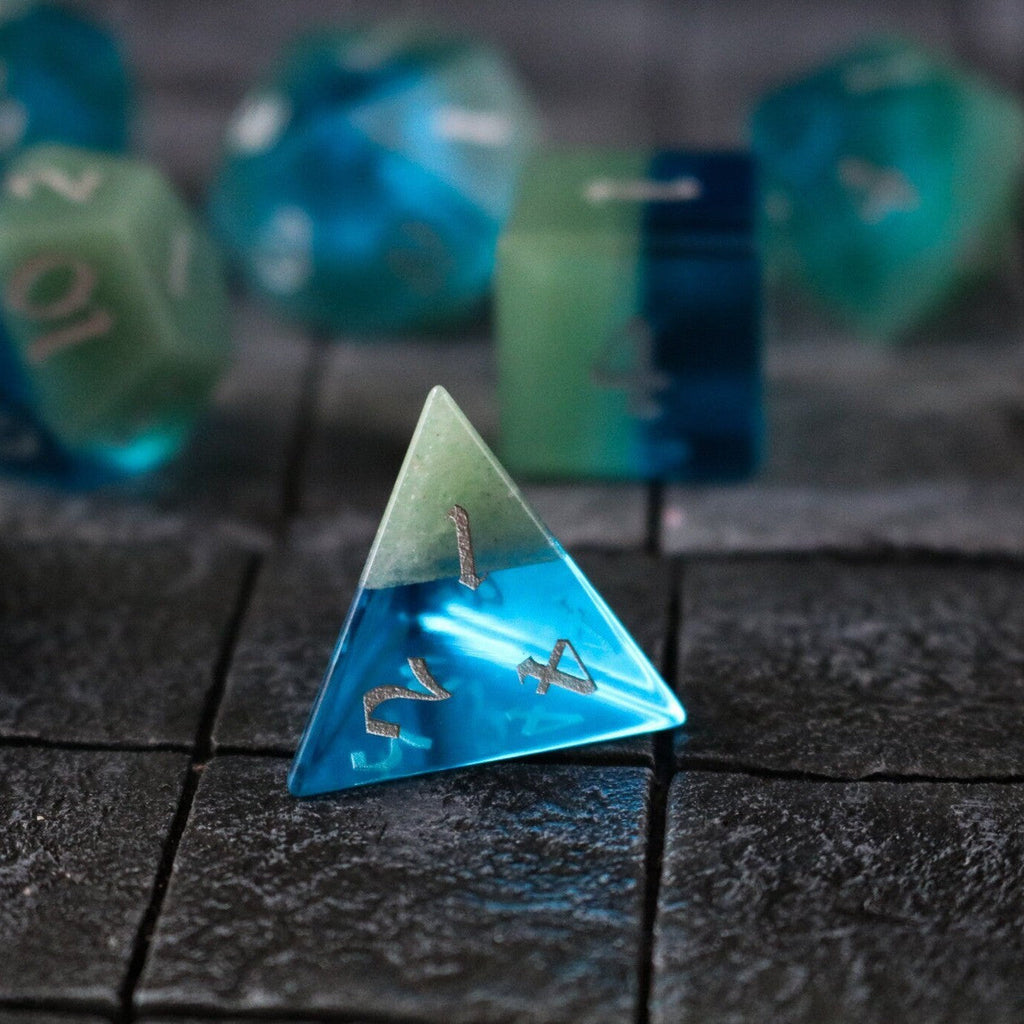 Hand Carved Synthetic Gemstone Two Tone Blue/Green (And Box) Polyhedral Dice DnD Dice Set