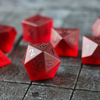 Hand Carved Raised Blood Red Zircon Glass (And Box) Polyhedral Dice DND Set