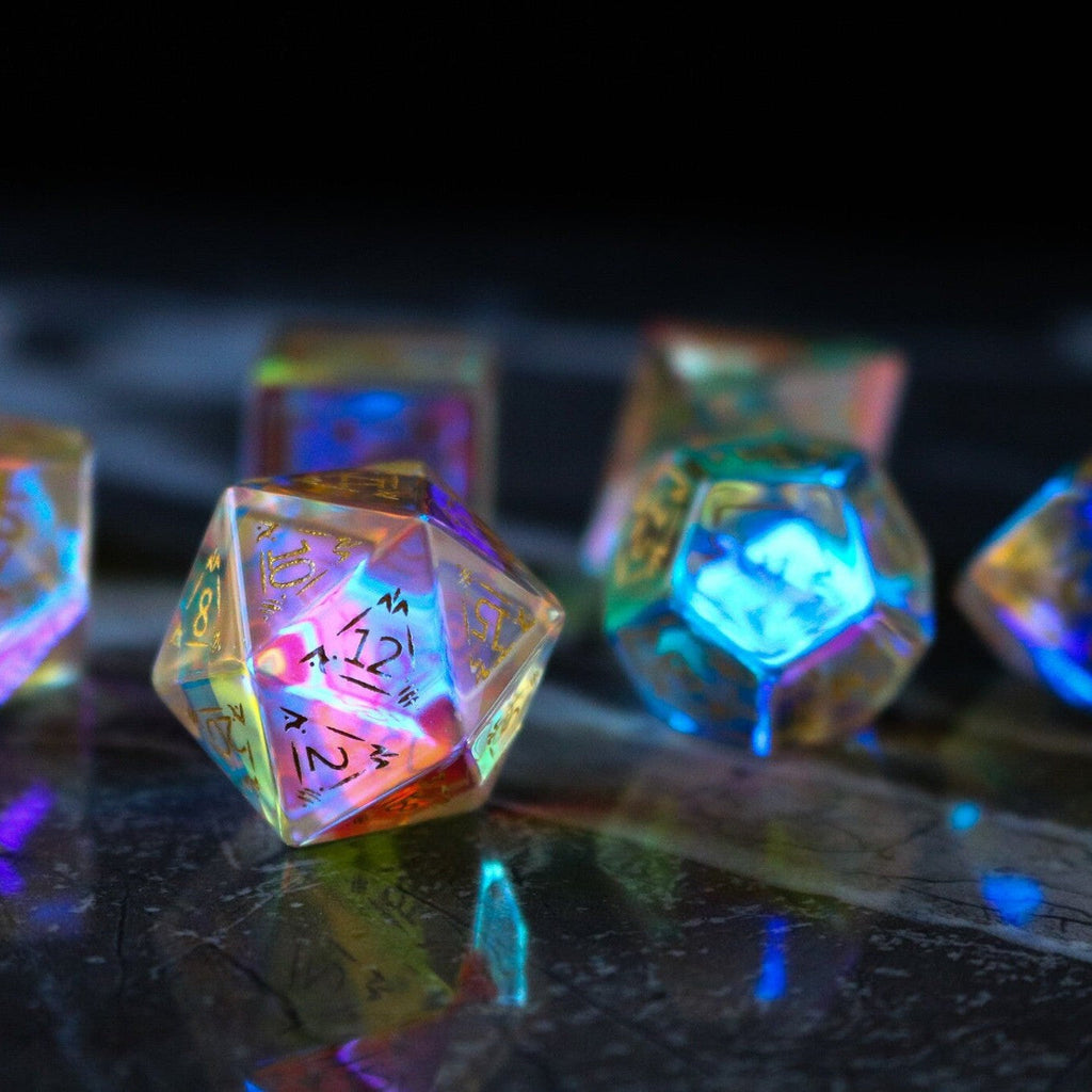 Dragon Shield Gemstone Dichroic Glass Polyhedral Dice (With Box) DND Set