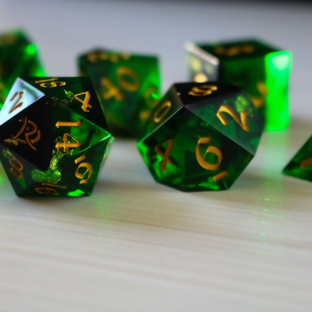 Green/Gold Handmade Sharp Edge Resin Dice Set RPG Game DND MTG Tabletop Gaming