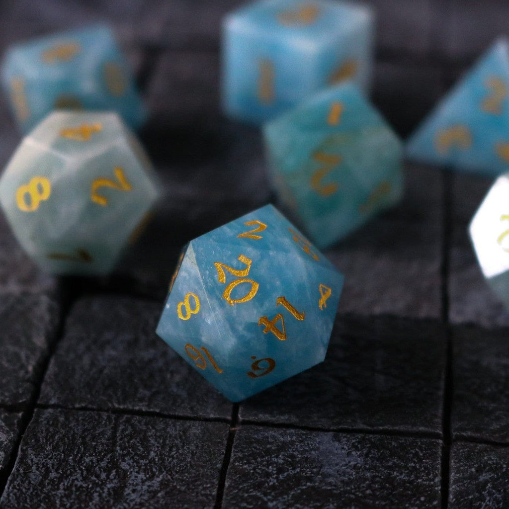 Hand Carved  Gemstone Blue Aquamarine Stone (And Box) Polyhedral Dice DND Set