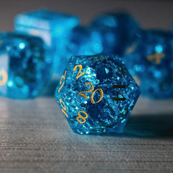 Blue Lightning Glass Cracked Glass (And Box) Polyhedral Dice DND Set