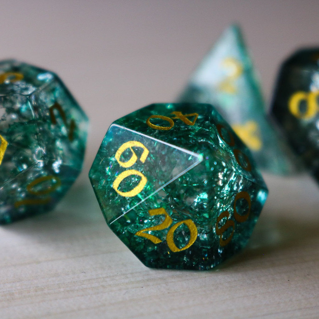 Elven Wood Green Forge Fire Glass (And Box) Polyhedral Dice DND Set - RPG Game DND