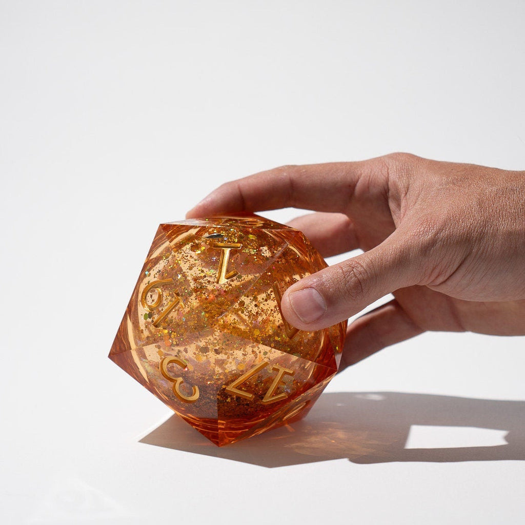 Massive Gold And Glitter Fireball Liquid Core 95MM Chonk Handmade Resin Dice And Box