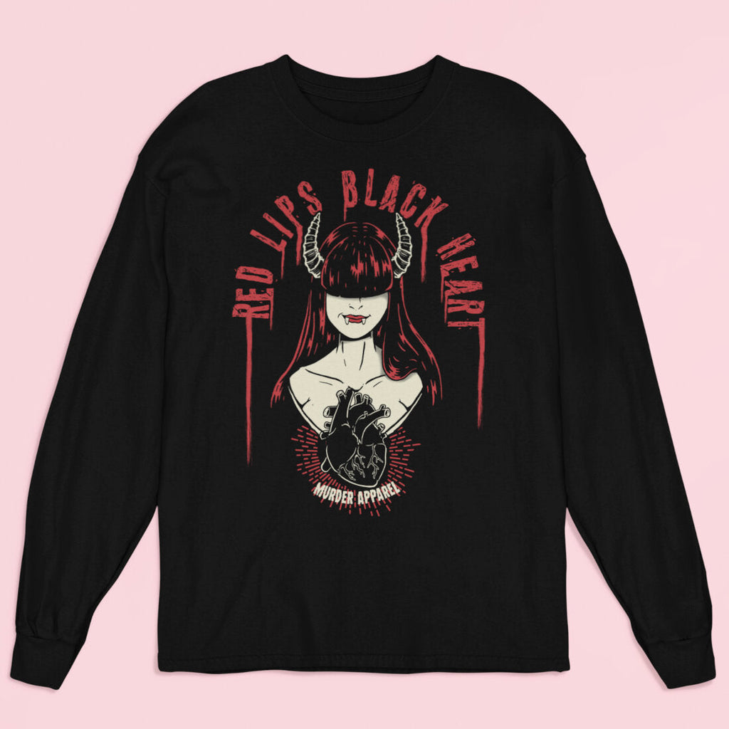 Red Lips Black Heart Long Sleeve Shirt